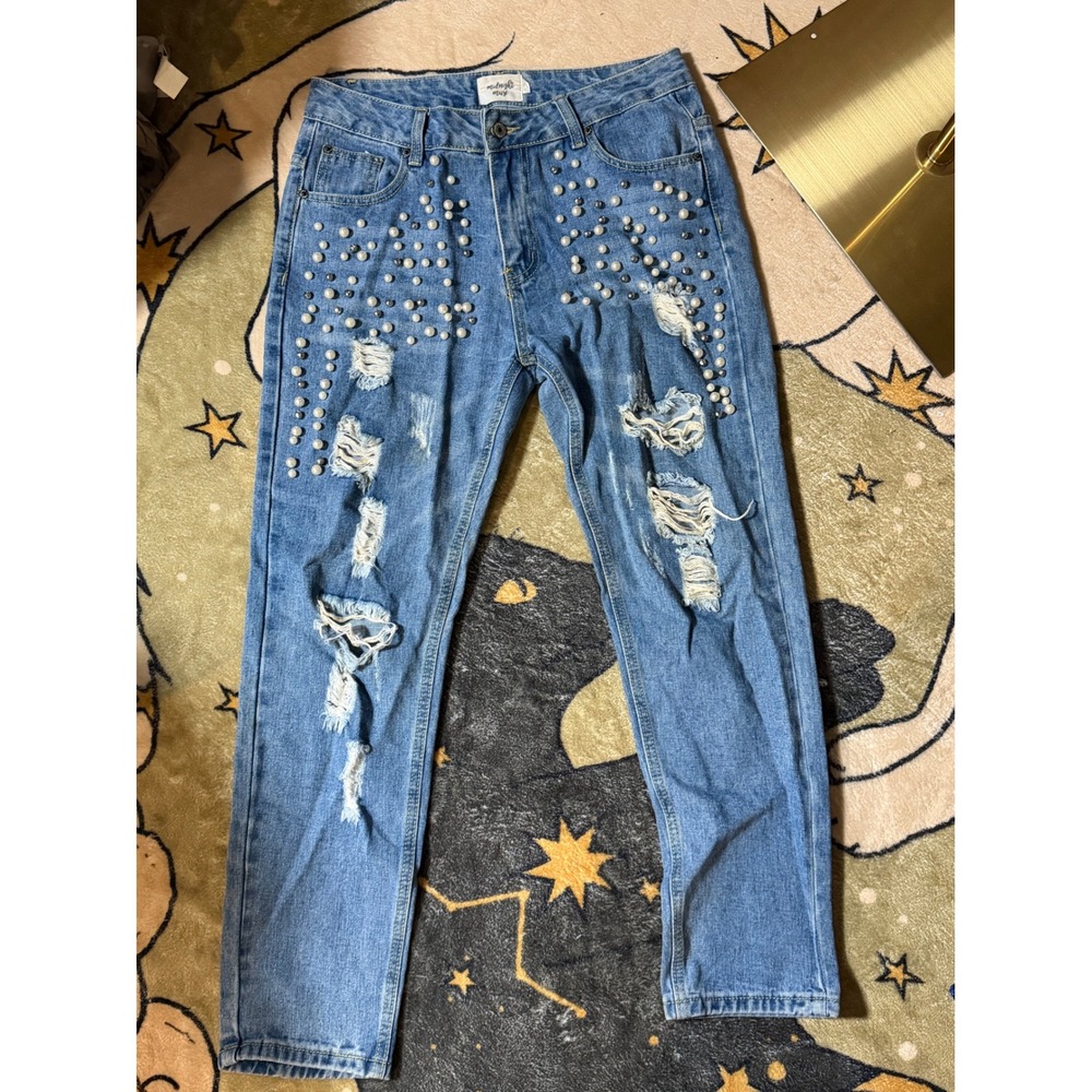 Midnight Muse Pearl Embellished Distressed Denim Jeans Blue Mom Fit Size 30